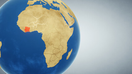 Earth globe with country of Cote d’Ivoire highlighted in red. 3D illustration. Elements of this image furnished by NASA