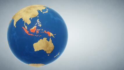 Earth globe with country of Indonesia highlighted in red. 3D illustration. Elements of this image furnished by NASA