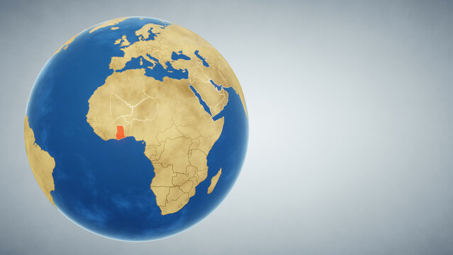 Earth globe with country of Ghana highlighted in red. 3D illustration. Elements of this image furnished by NASA