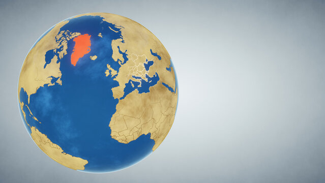 Earth globe with territory of Greenland highlighted in red. 3D illustration. Elements of this image furnished by NASA