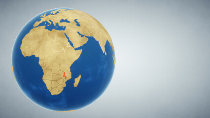 Earth globe with country of Malawi highlighted in red. 3D illustration. Elements of this image furnished by NASA