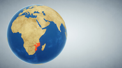 Earth globe with country of Mozambique highlighted in red. 3D illustration. Elements of this image furnished by NASA