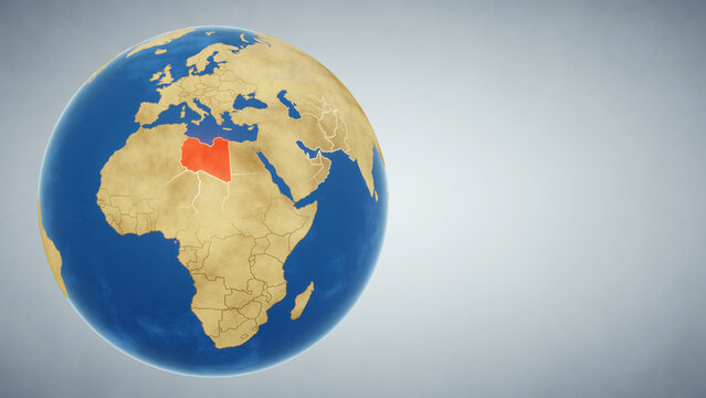 Earth globe with country of Libya highlighted in red. 3D illustration. Elements of this image furnished by NASA