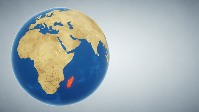 Earth globe with country of Madagascar highlighted in red. 3D illustration. Elements of this image furnished by NASA