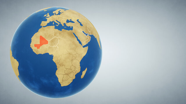 Earth globe with country of Mali highlighted in red. 3D illustration. Elements of this image furnished by NASA