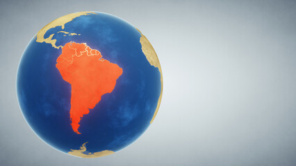 Earth globe with continent of South America highlighted in red. 3D illustration. Elements of this image furnished by NASA