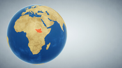 Earth globe with country of South Sudan highlighted in red. 3D illustration. Elements of this image furnished by NASA