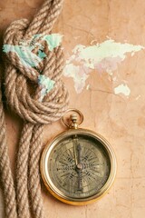 Fototapeta na wymiar Retro style antique golden compass. Sailing accessories. Wanderlust, travel and navigation theme