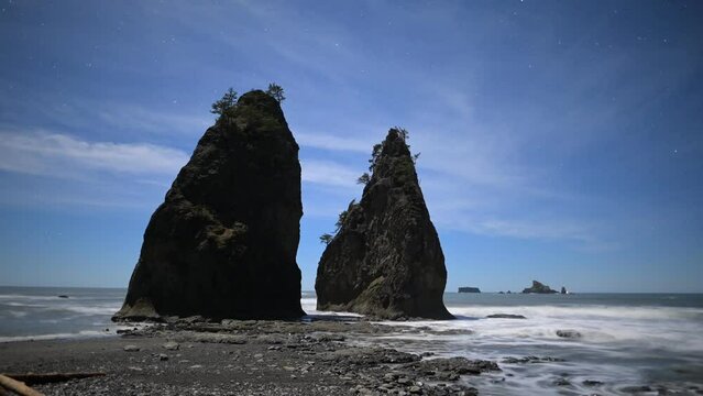Time lapse of sea stacks in Olympic National Park at night