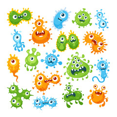 Obraz premium Set of Cartoon Viruses, Bacteria and Germs Characters with Funny Faces. Smiling Pathogen Microbe Monsters with Big Eyes