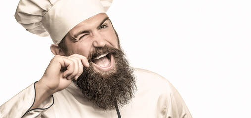 Portrait of a happy chef cook. Cook hat. Bearded chef, cooks or baker. Bearded male chefs isolated...