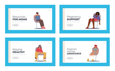 Mental Health, Pregnancy Support Landing Page Template Set. Pregnant Women Sitting on Chairs with Sad Faces