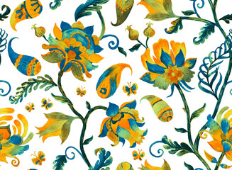 Paisley watercolor floral pattern. Jacobean floral tile: flowers, flores leaves. Oriental indian traditional hand painted water color whimsical seamless print design. Abstract india batik background