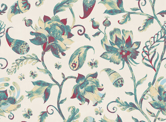 Paisley watercolor floral pattern. Jacobean floral tile: flowers, flores leaves. Oriental indian traditional hand painted water color whimsical seamless print design. Abstract india batik background