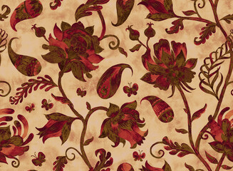 Paisley watercolor floral pattern. Jacobean floral tile: flowers, flores leaves. Oriental indian traditional hand painted water color whimsical seamless print design. Abstract india batik background