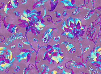 Fototapeta premium Paisley watercolor floral pattern. Jacobean floral tile: flowers, flores leaves. Oriental indian traditional hand painted water color whimsical seamless print design. Abstract india batik background