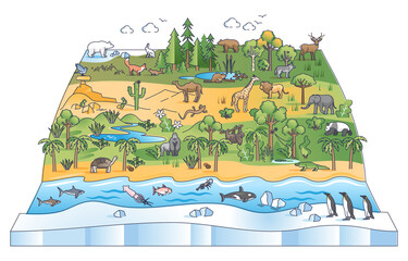 Biodiversity scene with flora and fauna ecological zones outline diagram. Latitudinal zonation gradients with wildlife species population vector illustration. Earth environmental animals distribution.