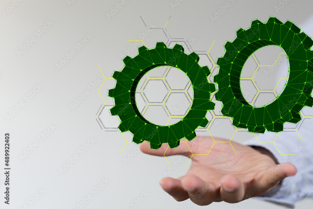 Poster set of green gears and cogs on black background