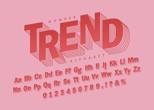 Retro vintage angled font in red halftone. Vector 3D comic screen tone typographic design. Dimensional letters and number set. Trendy typeface for poster, cover, brochure, graphic layout, etc. 