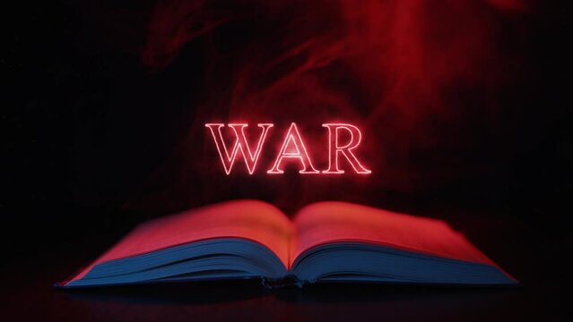 Red smoke billows over an old open book and a glowing inscription war appears.