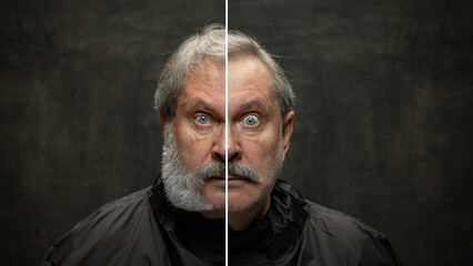 Composite image made of portrait of shocked grey-bearded senior man looking at camera isolated on dark vintage background.