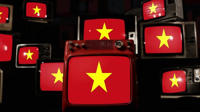 National Flag of the Socialist Republic of Vietnam and Vintage Televisions. 4K Resolution.
