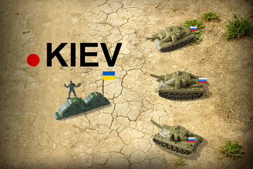 The concept of the Russian invasion of Ukraine in 2022. Russian tanks march on the Ukrainian...
