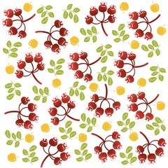 Pattern with red berries apples with leaves