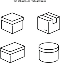 Box line icons set on white background. Package, delivery boxes, cargo box. Cargo distribution, export boxes, return parcel icons. Shipment of goods, purchase container, open package. Line icon set.