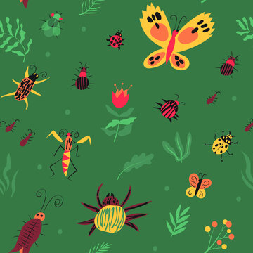 Cute seamless pattern with insects and flowers. Summer green field with beetles, flowers, butterflies, spider, ants, mantis, ladybug. Vector illustration isolated on green background.