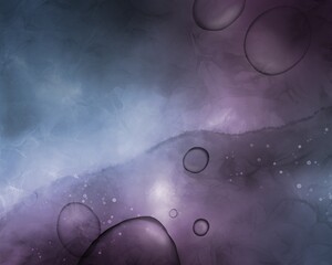 Abstract blue purple liquid fluid art alcohol inks watercolor background with bubbles. Cosmic background with lights.
