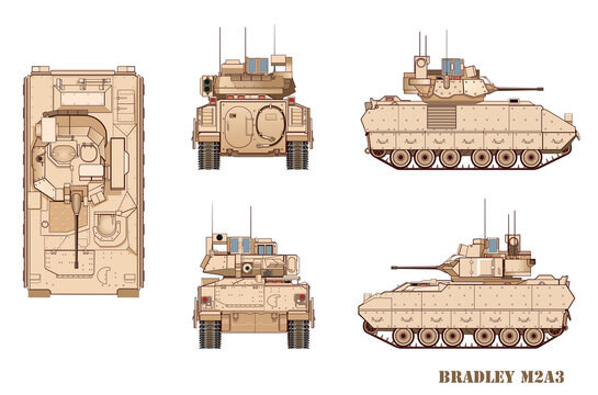 M2A3 Bradley Infantry Fighting Machine. US Army. vector illustration. Drawing front, top and rear views.
