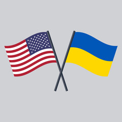 US and Ukraine flag on stick crossed. The United States of America vector icon flat design.