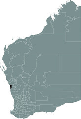 Black flat blank highlighted location map of the SHIRE OF IRWIN AREA inside gray administrative map of areas of the Australian state of Western Australia