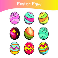 Vector set of 9 Easter Eggs with patterns on white background. Design elements for holiday cards. Easter collection with different textures. Cartoon flat style. Happy Easter. Vector illustrations.