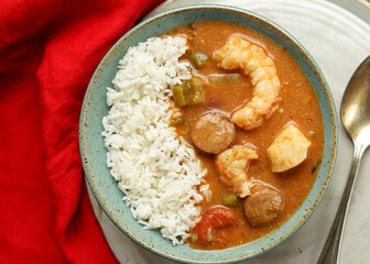 Seafood gumbo in a bowl