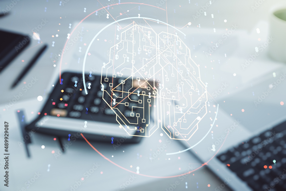 Poster virtual creative artificial intelligence hologram with human brain sketch on blurry calculator and c