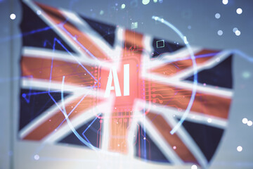 Double exposure of creative artificial Intelligence abbreviation hologram on flag of Great Britain...