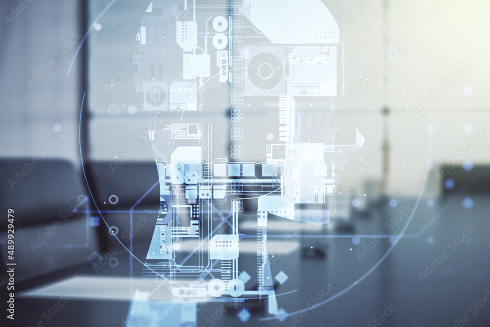 Poster double exposure of creative artificial intelligence hologram on a modern meeting room background. ne