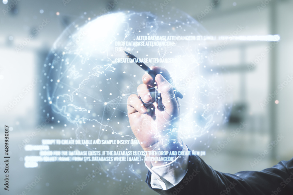 Poster multi exposure of developer's hand with pen working with abstract software development hologram and 