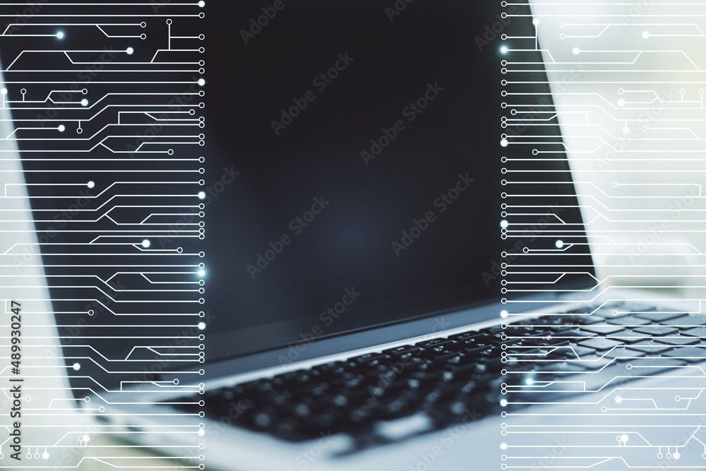 Aufkleber Creative abstract micro chip hologram on modern computer background, artificial intelligence and machine learning concept. Multi exposure