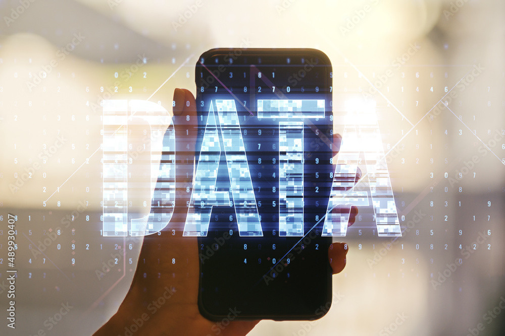Poster creative data word hologram and hand with cellphone on background, big data and blockchain concept. 