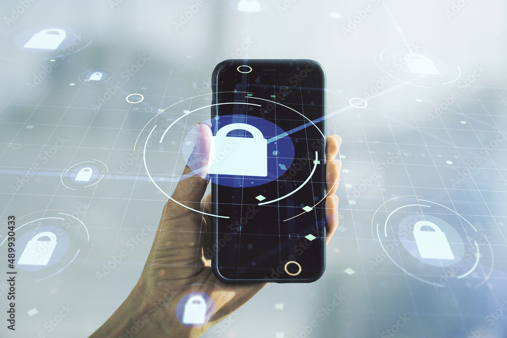Poster creative idea concept with lock symbol and microcircuit illustration and hand with phone on backgrou