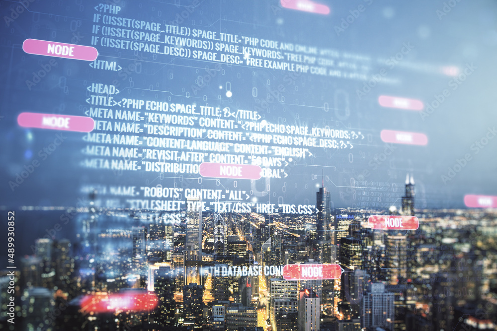 Poster multi exposure of abstract creative coding sketch on chicago city skyline background, artificial int