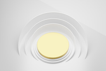 Podium for packaging presentation and cosmetic. Product display on white background and gold beauty pedestal in sunlight. realistic 3d rendering.