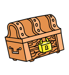 Treasure wooden chest with lock doodle flat illustration isolated on white background