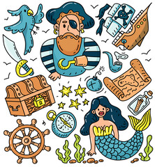 Pirate doodle cartoon vector color set. Captain, parrot, treasure, ship, sword, map, bomb, mermaid, note in bottle, compass, wheel, pirate isolated collection on white background