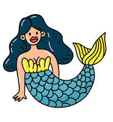 Hand drawn sea mermaid with long hand and fish tail. Doodle flat cartoon style vector illustration.