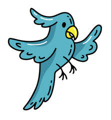 Pirate blue parrot doodle flat vector illustration isolated on white background