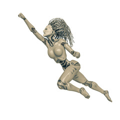 super cyborg is flying up ery fast side view